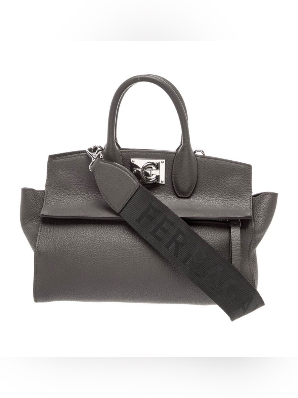 Salvatore Ferragamo Dark Gray Pebbled Leather Satchel with Branded Strap EUC